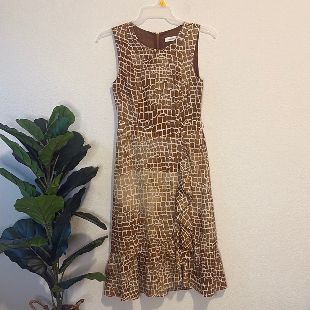 Calvin Klein Brown and Cream Giraffe-Print Sleeveless Midi Dress